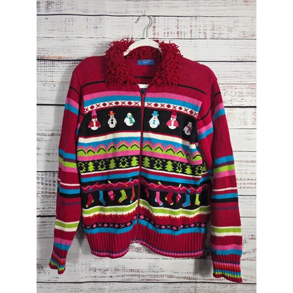 Karen Scott Large Petite Holiday Christmas Sweater Zip Cardigan Snowman stocking - Picture 1 of 10